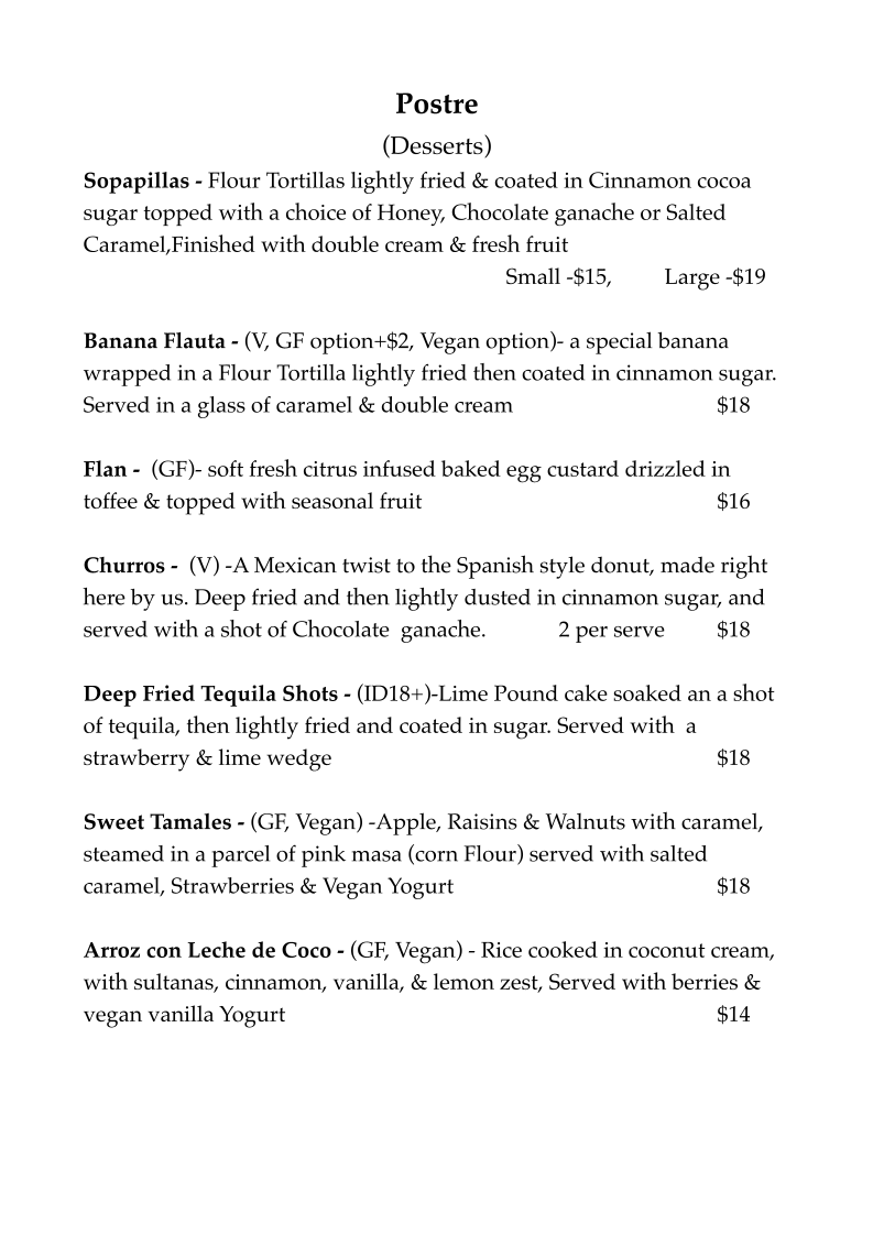Menu, La Hacienda 101 Mexican Cantina