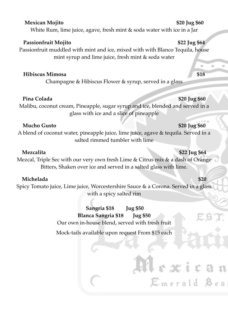 Menu, La Hacienda 101 Mexican Cantina