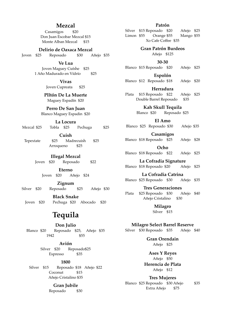 Menu, La Hacienda 101 Mexican Cantina