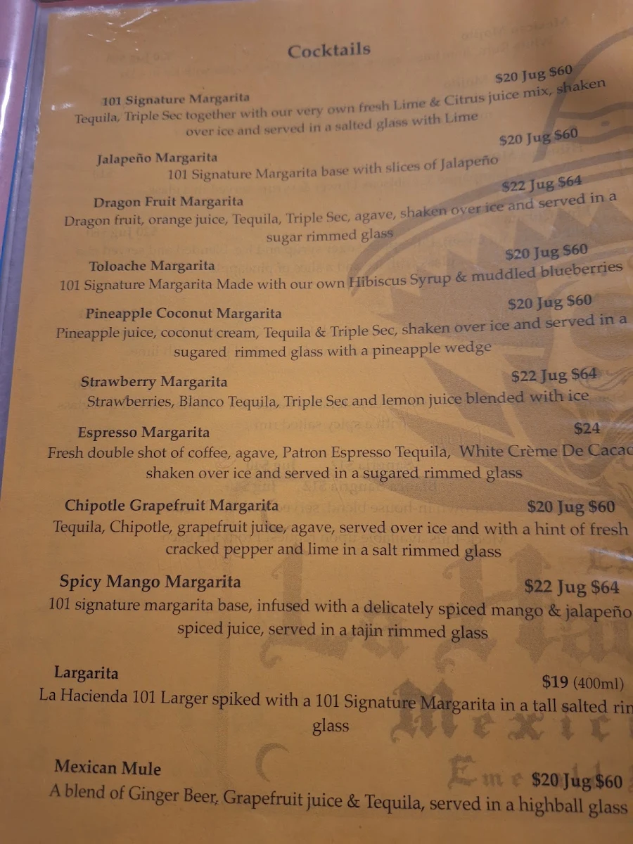 Menu, La Hacienda 101 Mexican Cantina