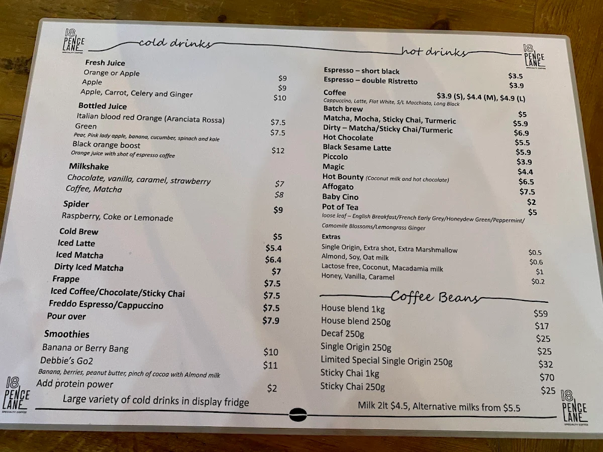 Menu, Eighteen Pence Lane