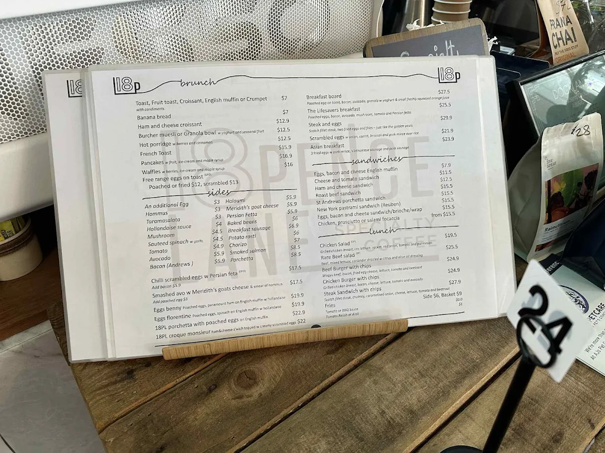 Menu, Eighteen Pence Lane