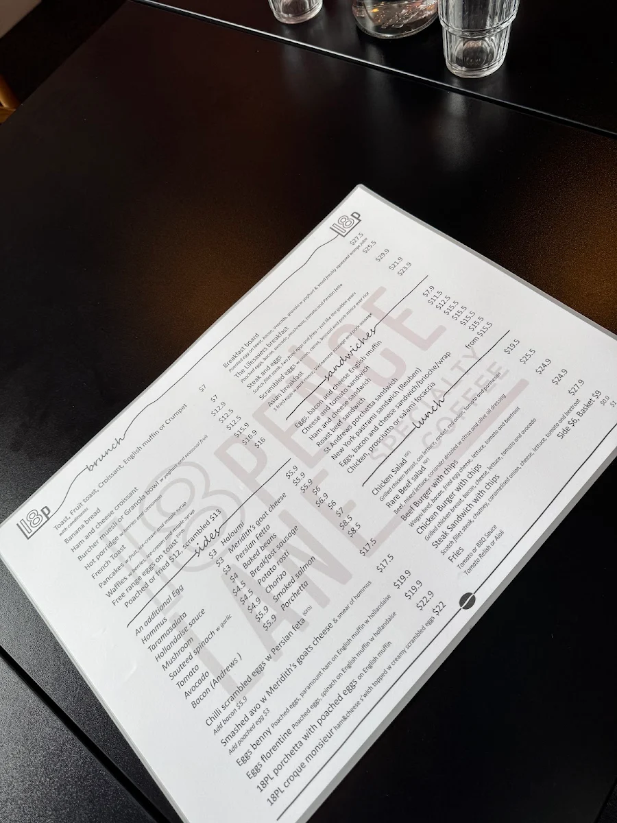 Menu, Eighteen Pence Lane