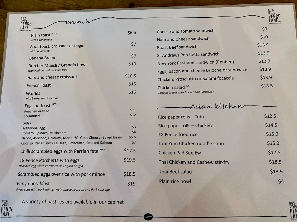Menu, Eighteen Pence Lane