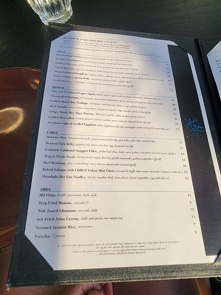 Menu, HQ Bar + Kitchen