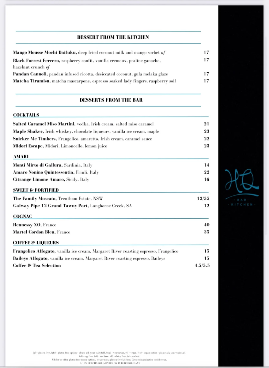 Menu, HQ Bar + Kitchen