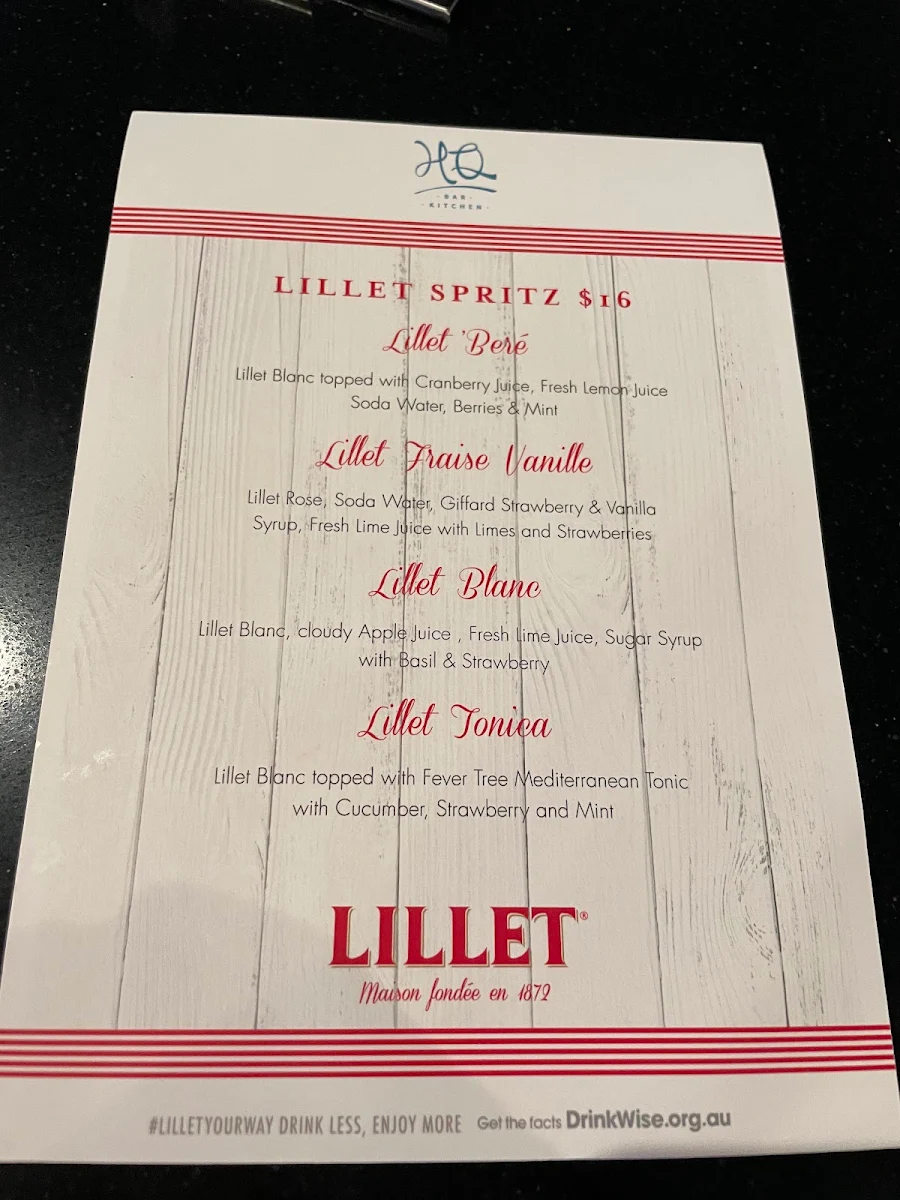 Menu, HQ Bar + Kitchen