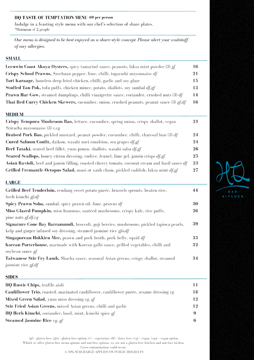 Menu, HQ Bar + Kitchen