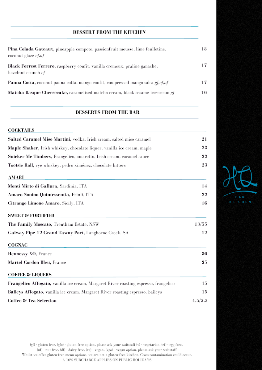 Menu, HQ Bar + Kitchen