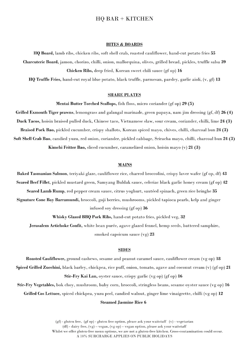 Menu, HQ Bar + Kitchen