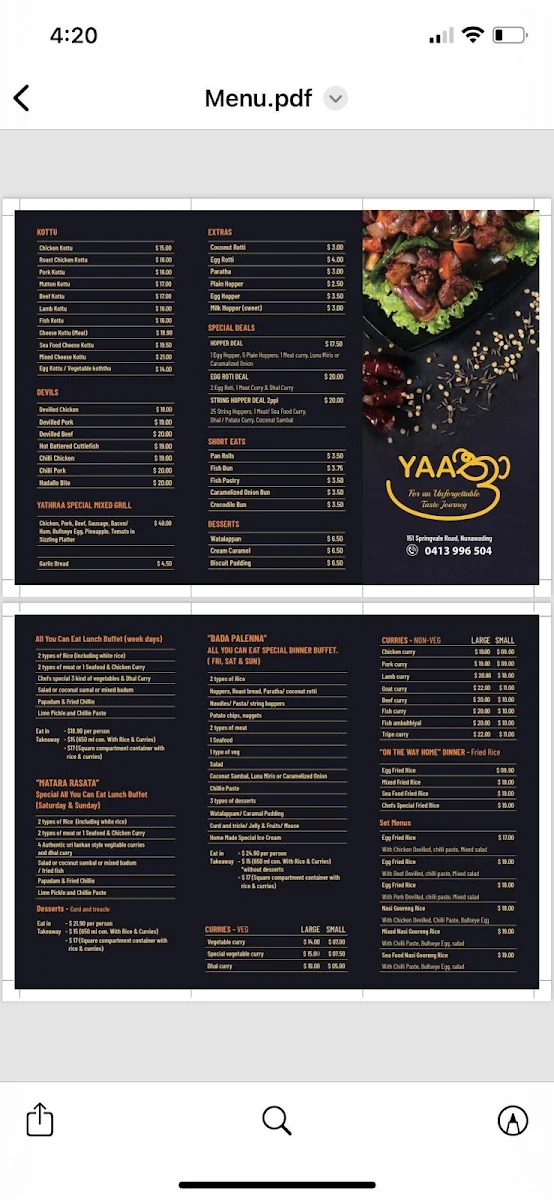 Menu, Maathraa Sri Lankan Restaurant