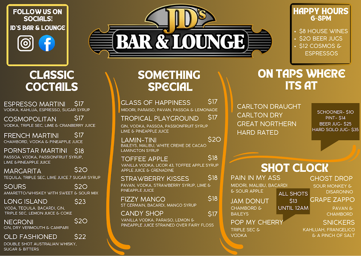 Menu, JDs Bar & Lounge