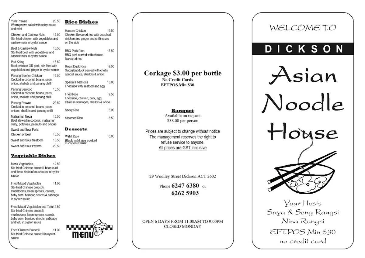Menu, Dickson Asian Noodle House