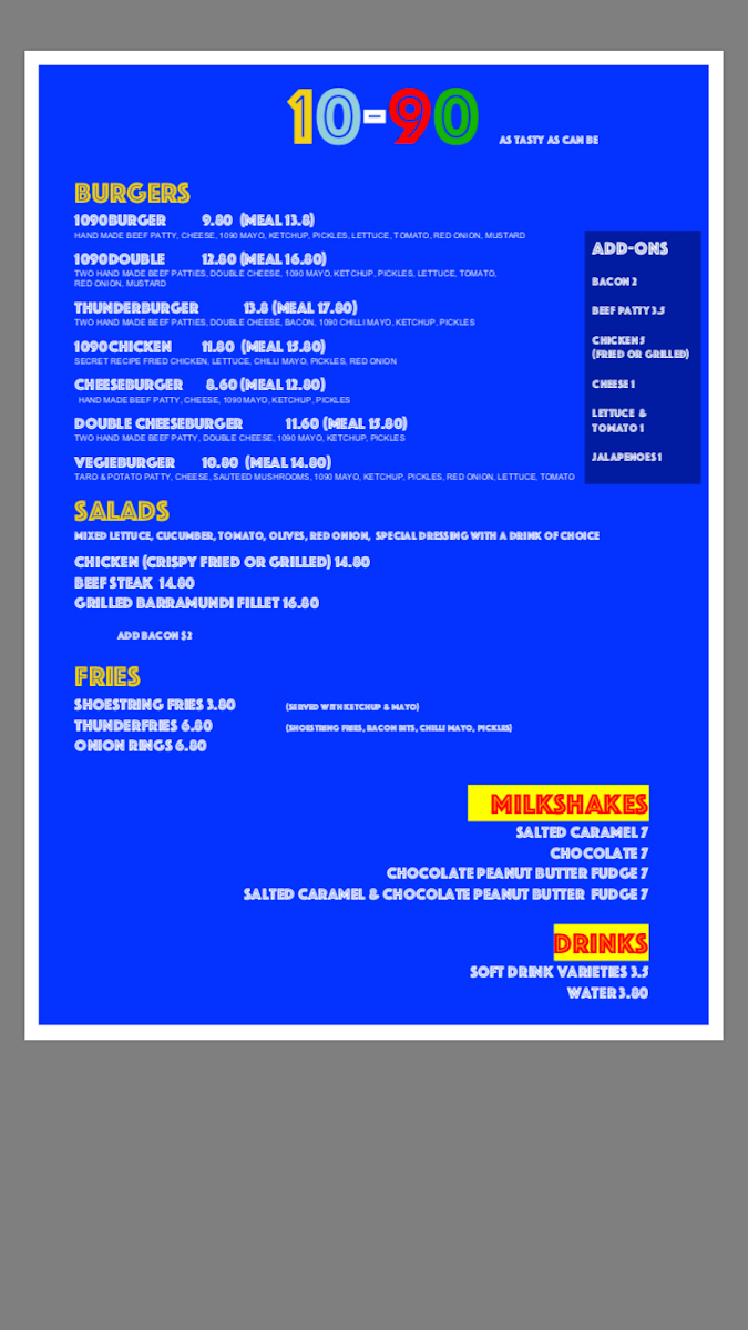 Menu, 1090 Burger