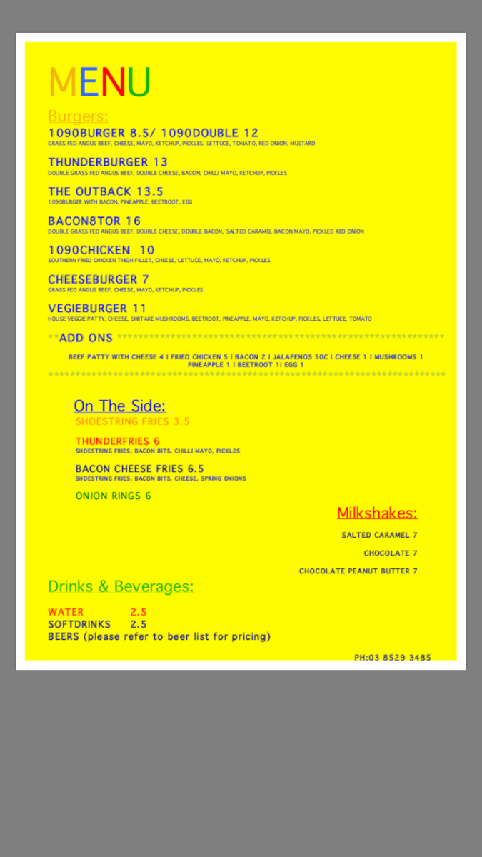 Menu, 1090 Burger