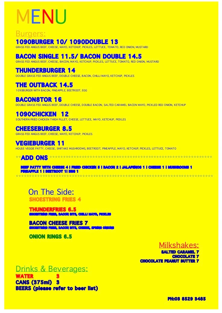 Menu, 1090 Burger