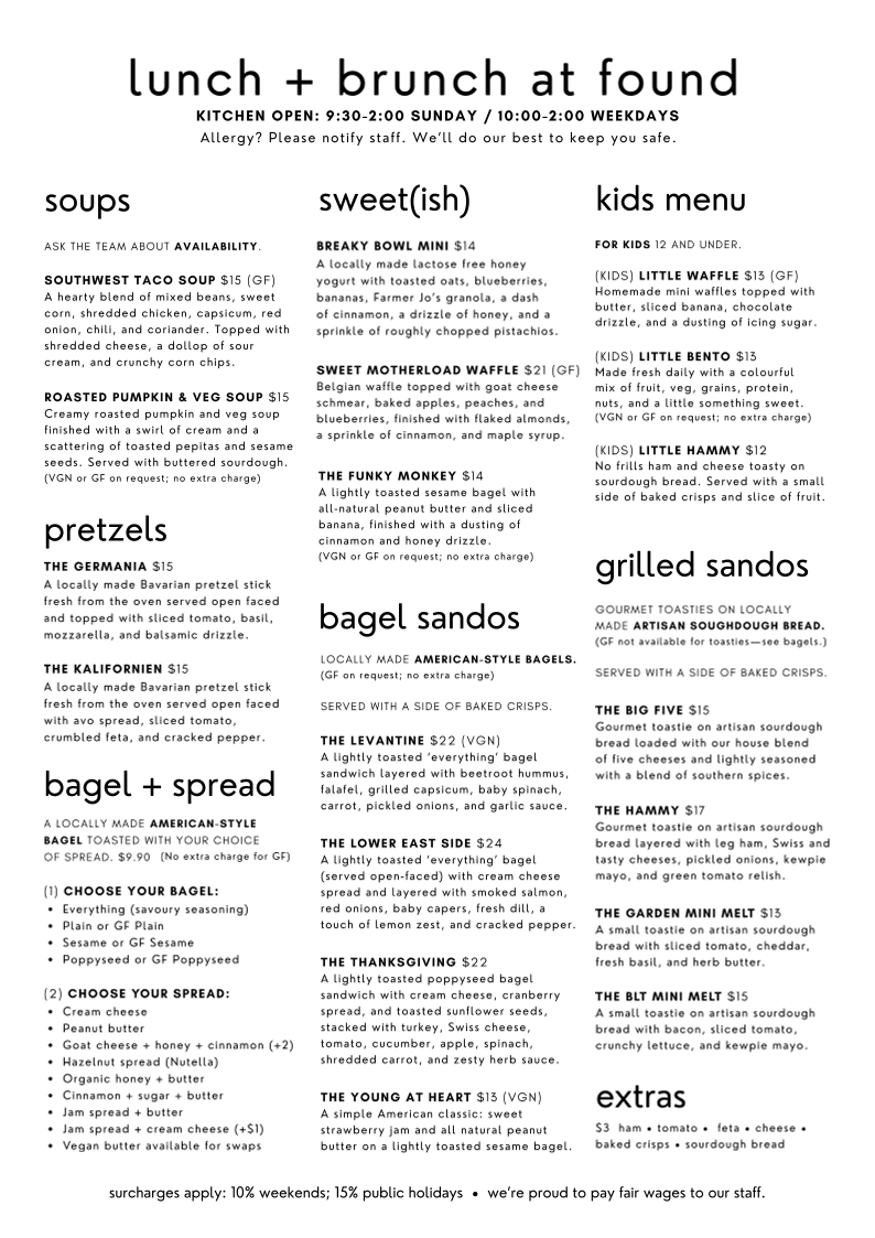Menu, Found Coffee House & Vintage Shop