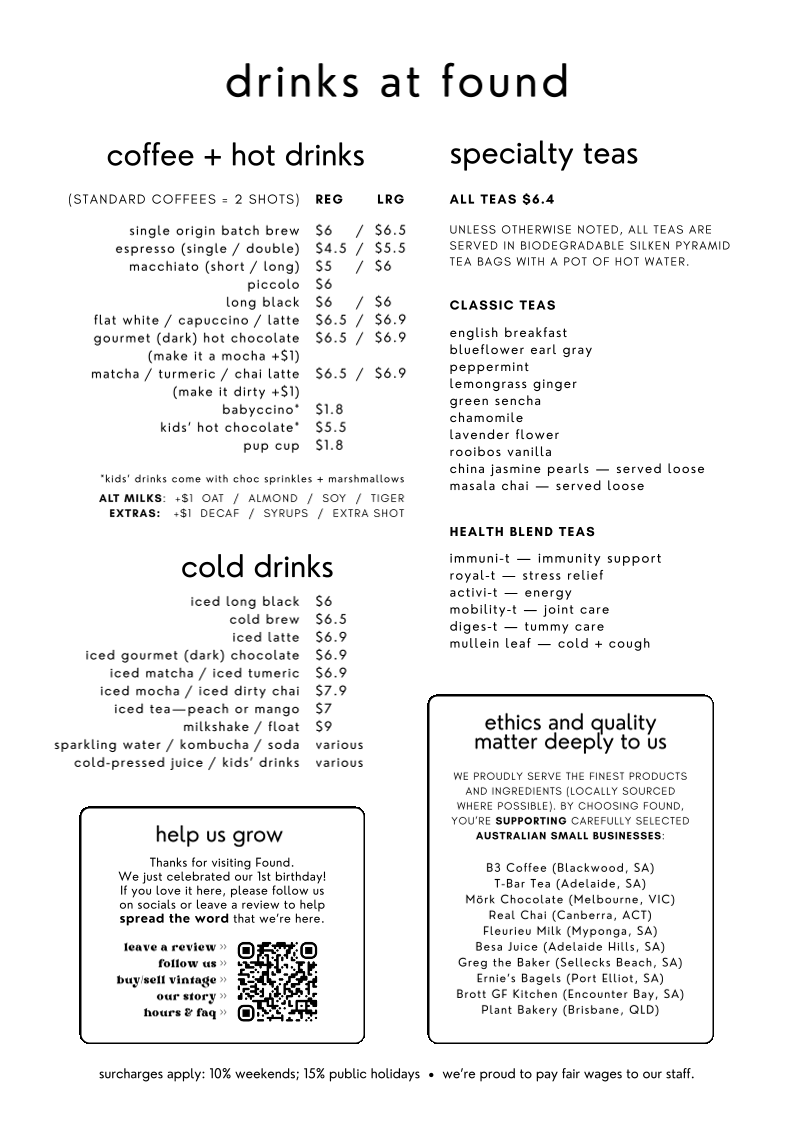 Menu, Found Coffee House & Vintage Shop