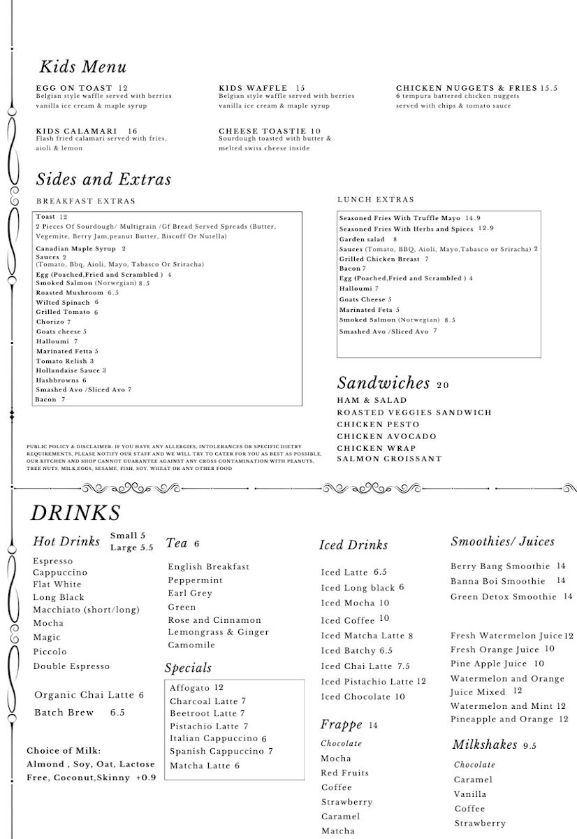 Menu, Cafe Latte