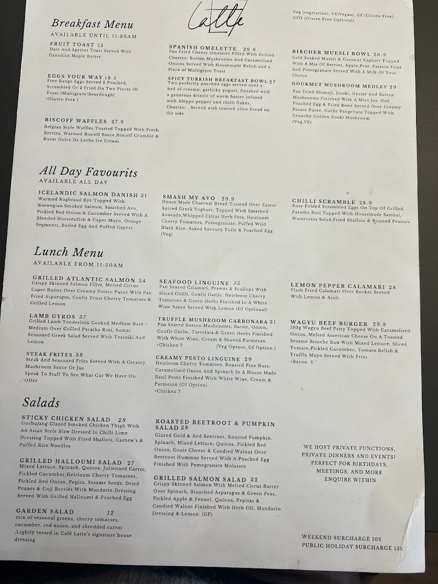 Menu, Cafe Latte