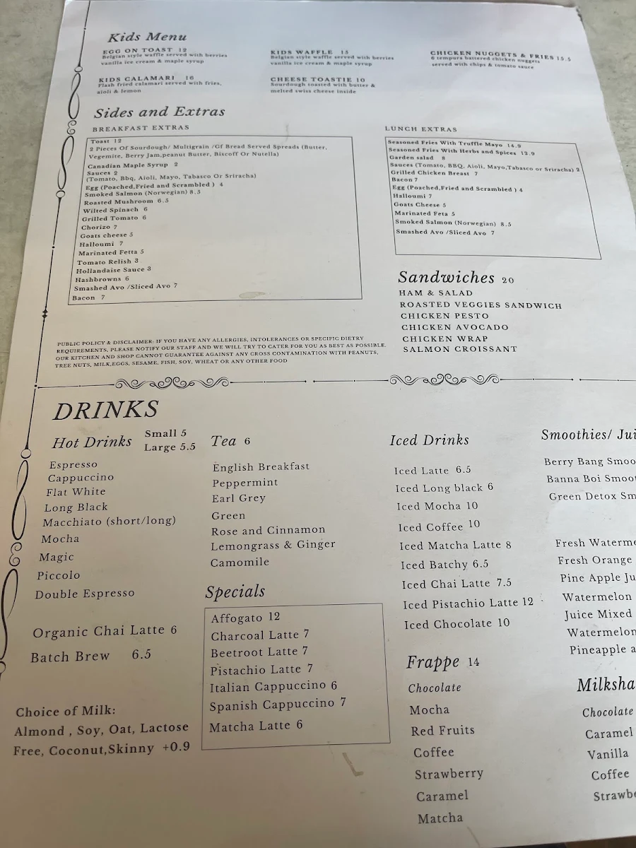 Menu, Cafe Latte