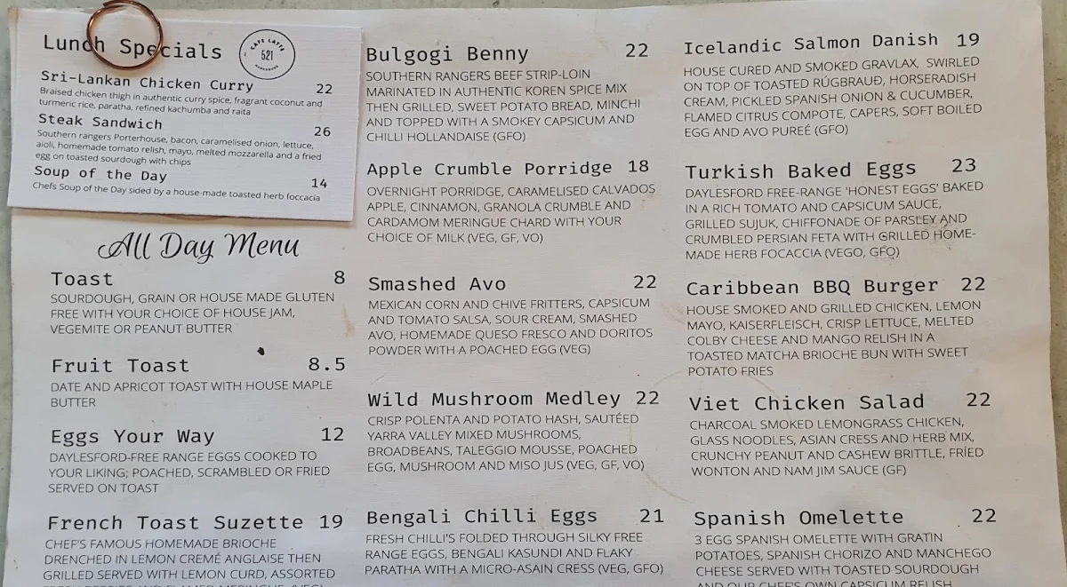 Menu, Cafe Latte