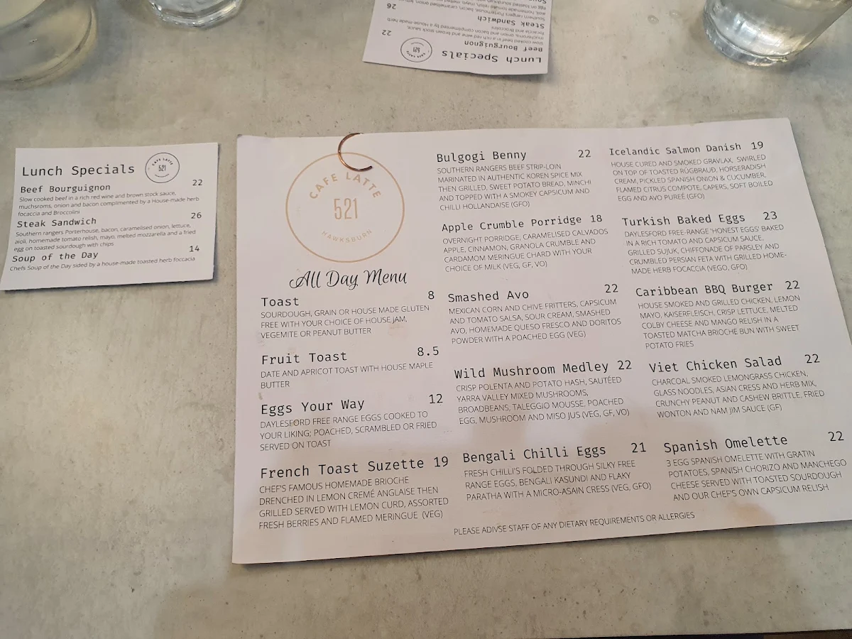 Menu, Cafe Latte