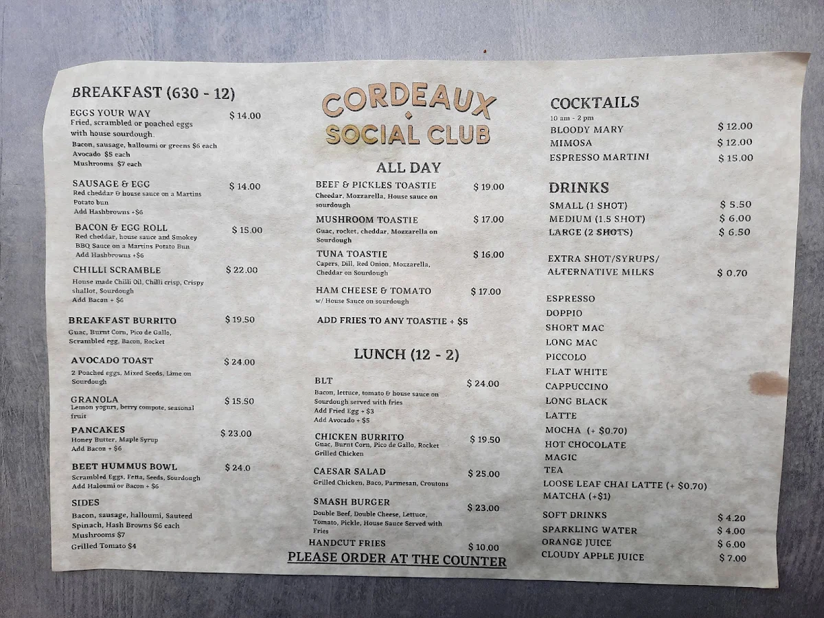 Menu, Cordeaux Social Club