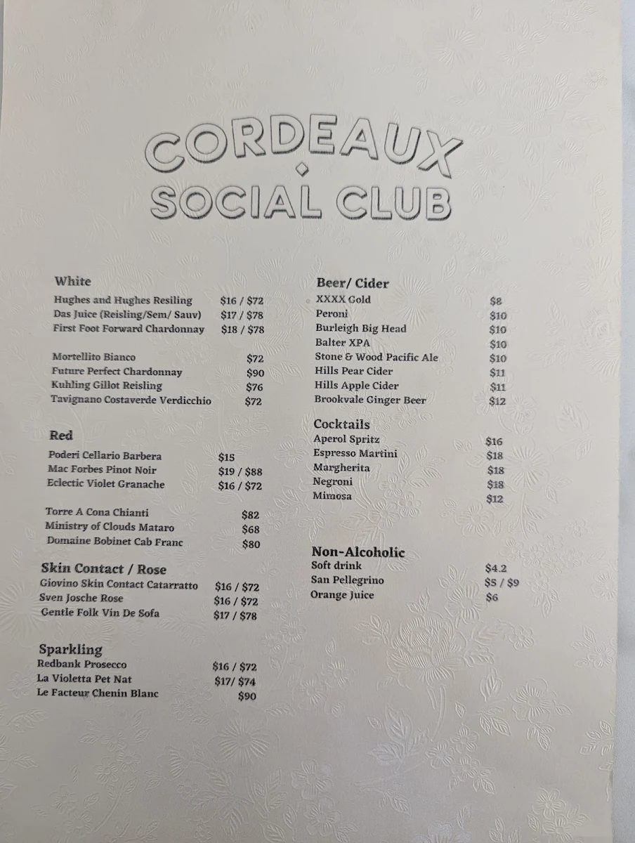 Menu, Cordeaux Social Club