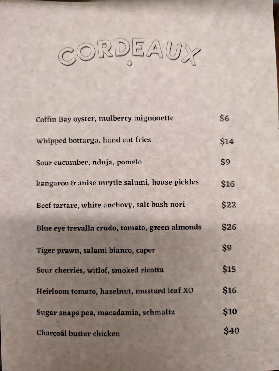 Menu, Cordeaux Social Club