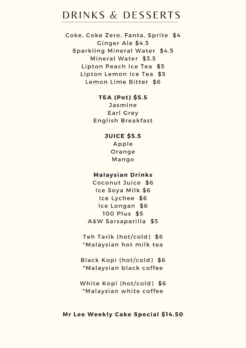 Menu, Mr.Lee Malaysian Cuisine