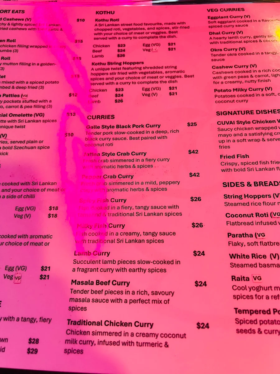 Menu, Cuvai Bella Vista