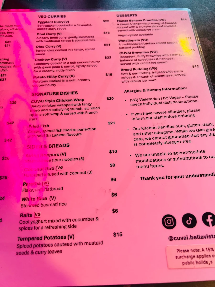 Menu, Cuvai Bella Vista