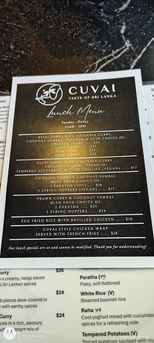 Menu, Cuvai Bella Vista