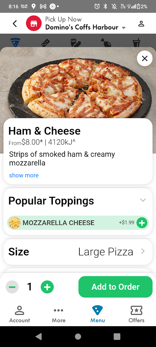 Menu, Domino's Pizza Coffs Harbour