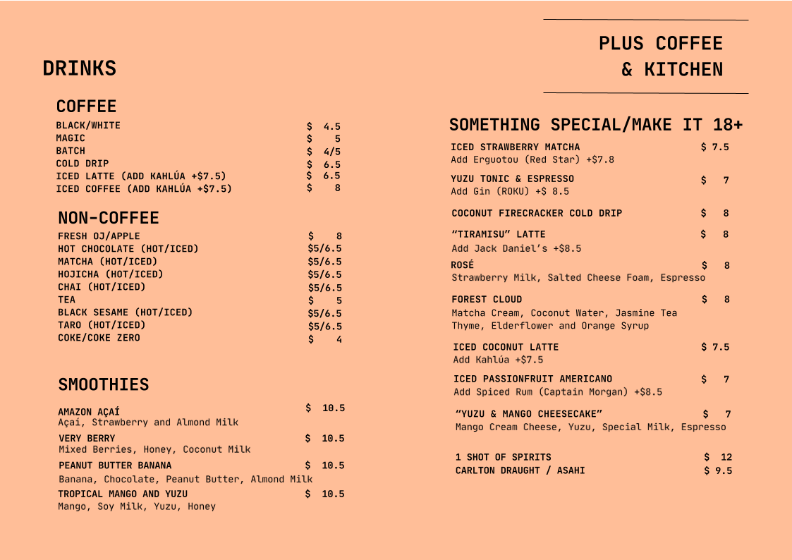 Menu, Plus Coffee & Kitchen