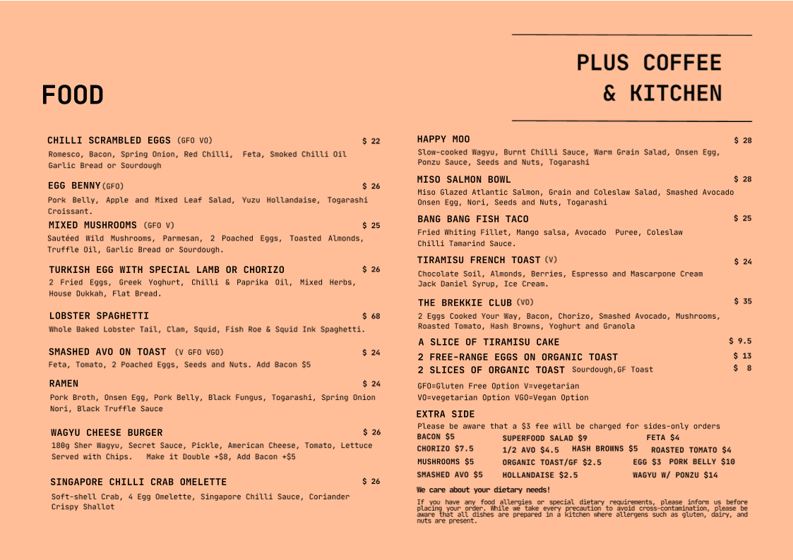 Menu, Plus Coffee & Kitchen