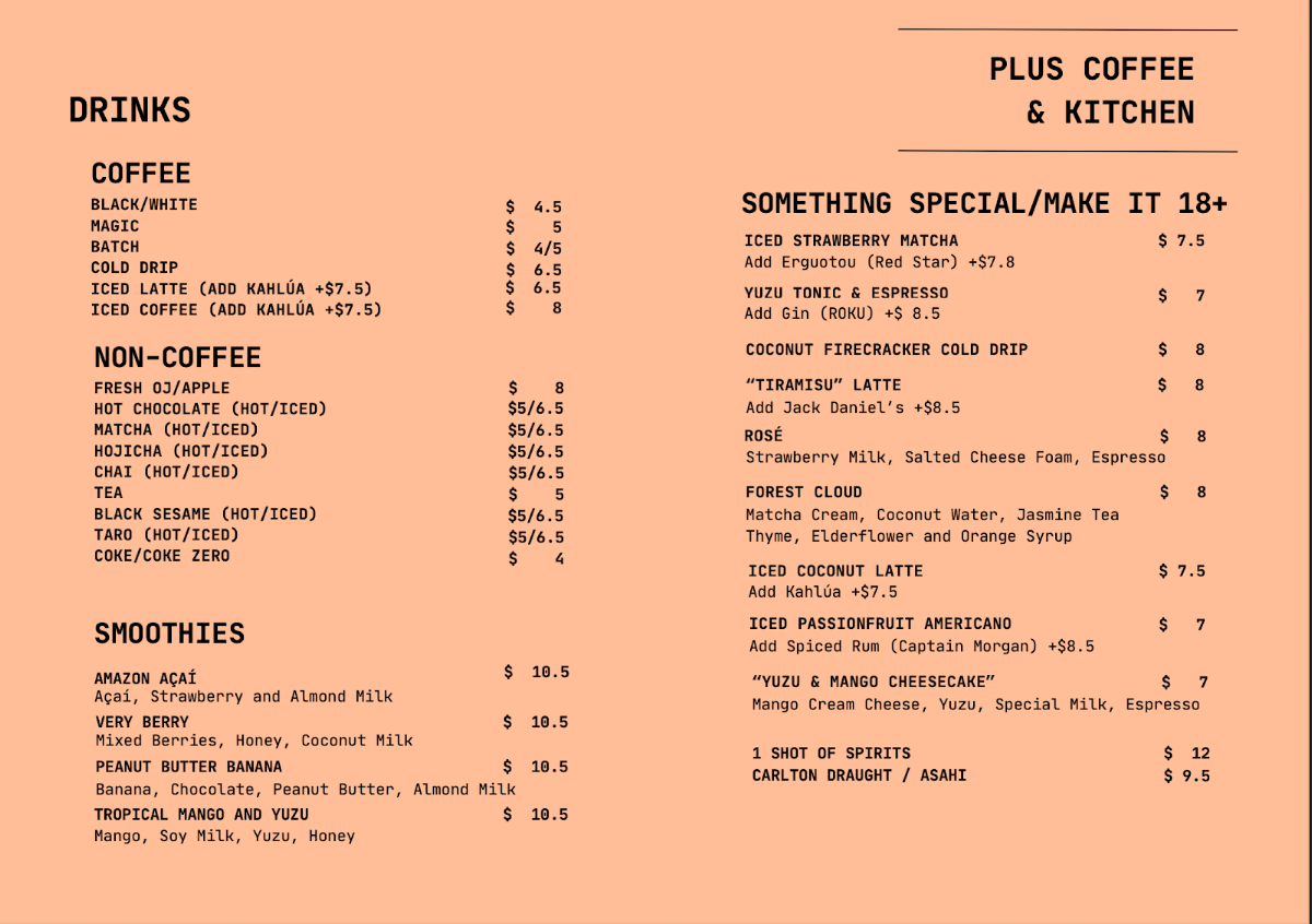 Menu, Plus Coffee & Kitchen