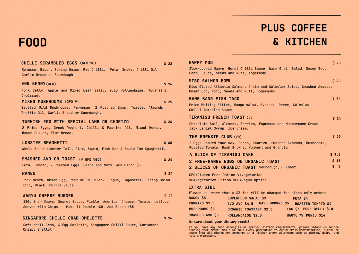 Menu, Plus Coffee & Kitchen