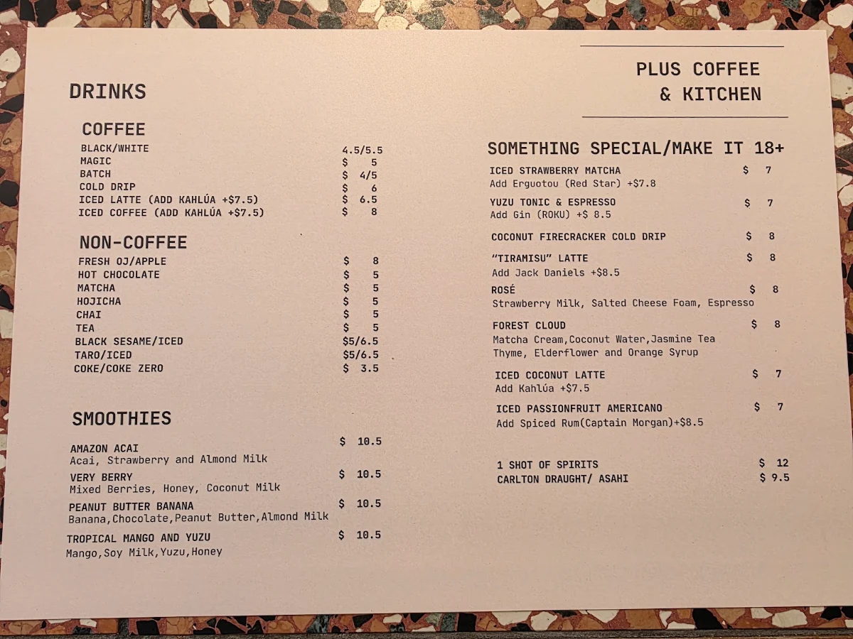 Menu, Plus Coffee & Kitchen