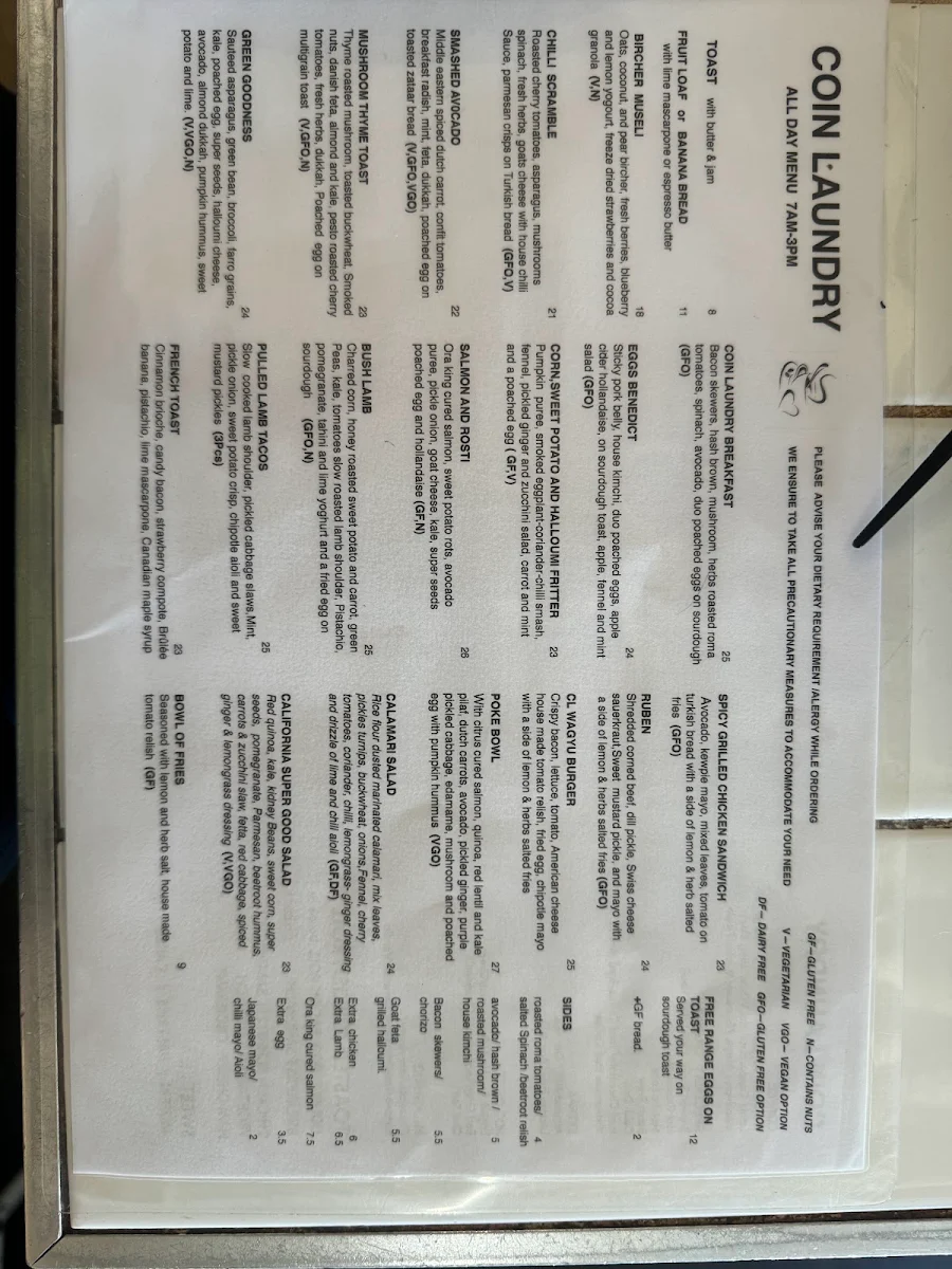 Menu, Coin Laundry Cafe