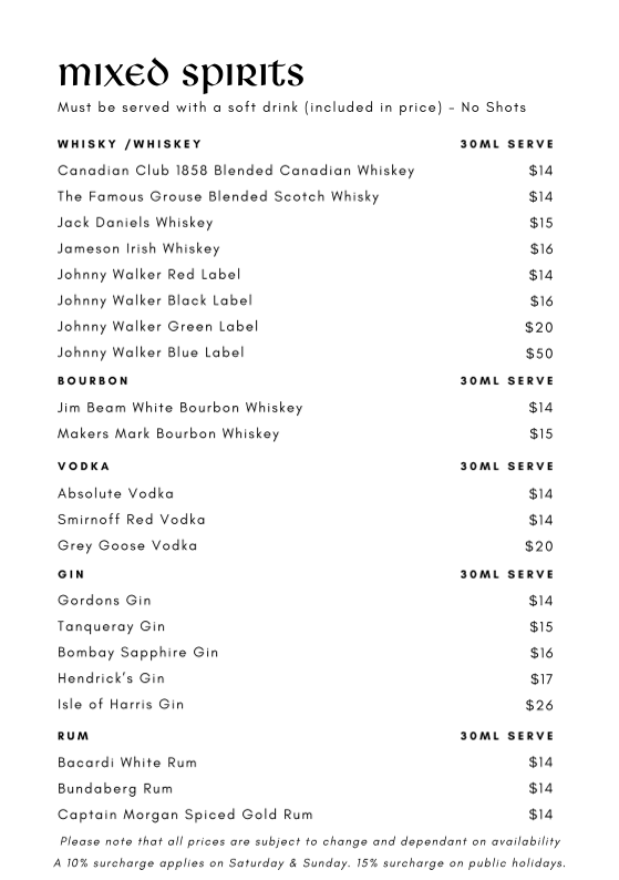 Menu, Invergordon Bar