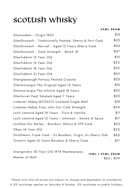 Menu, Invergordon Bar