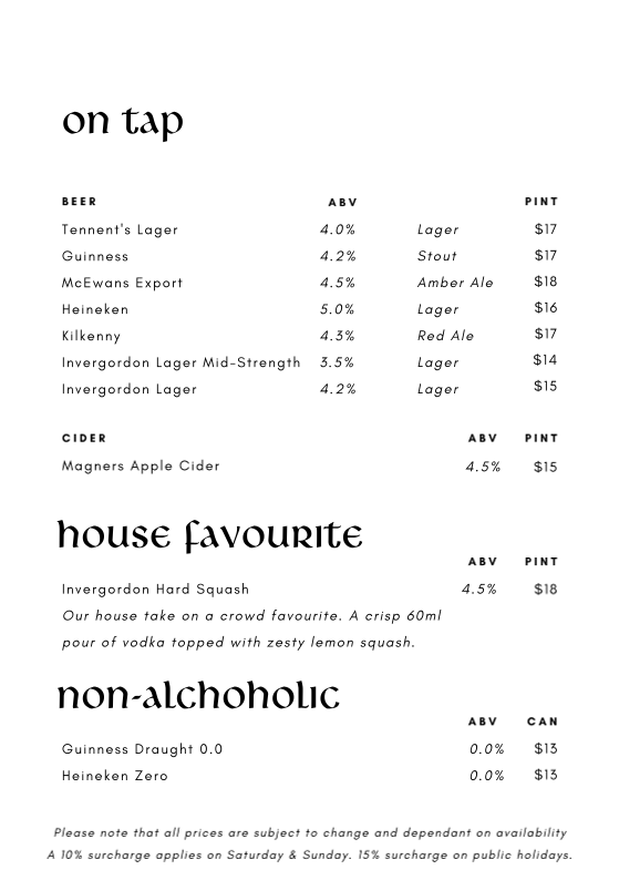 Menu, Invergordon Bar