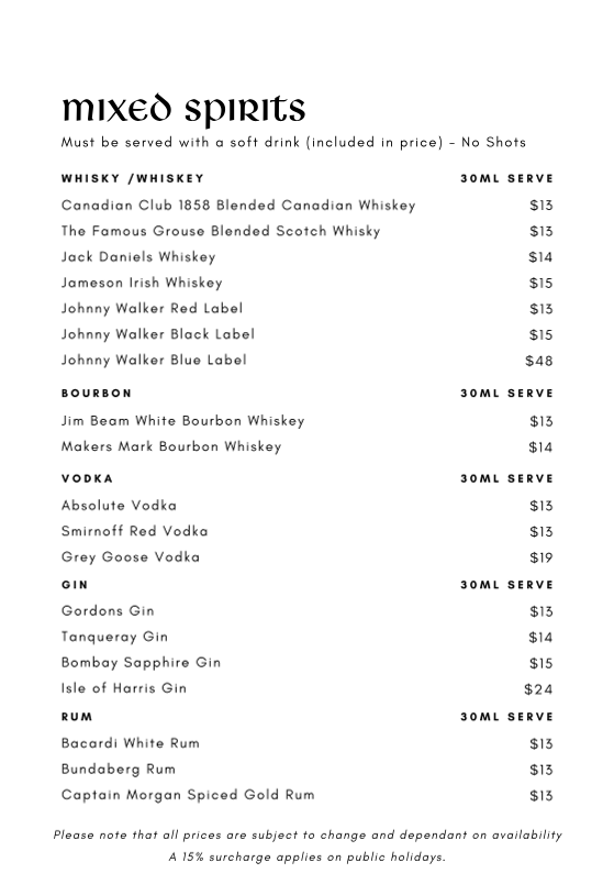 Menu, Invergordon Bar