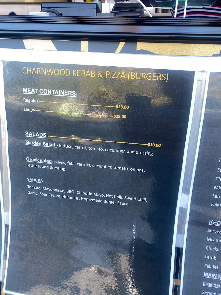 Menu, Charnwood Kebab & pizza