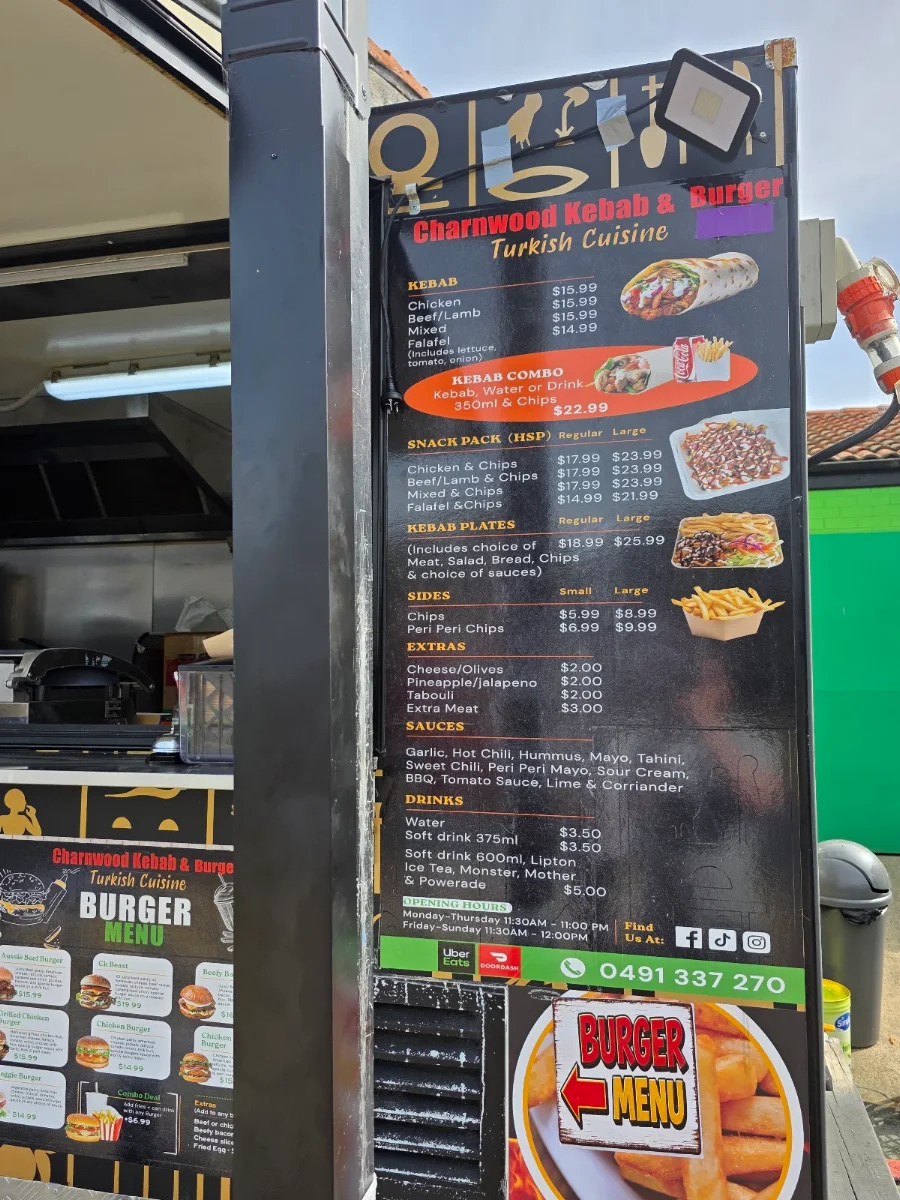 Menu, Charnwood Kebab & pizza