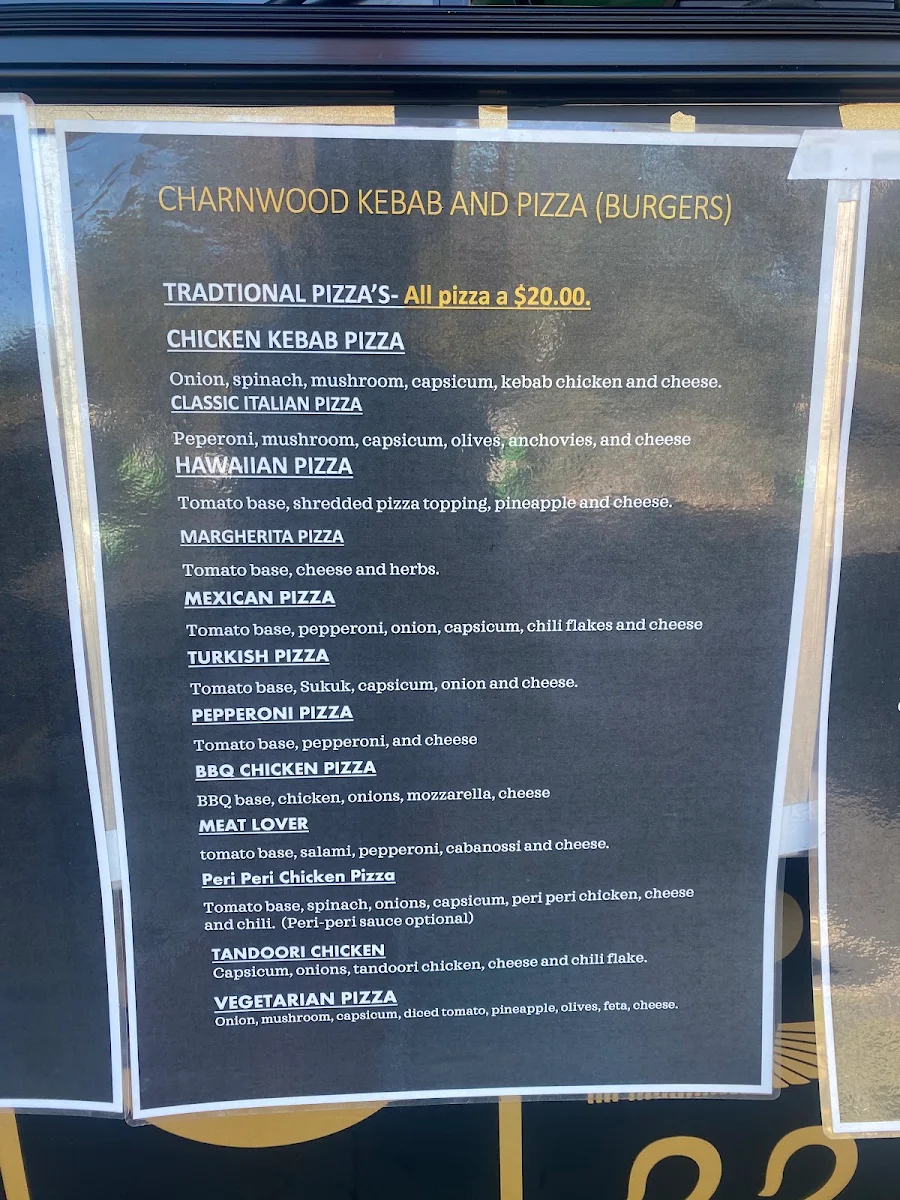 Menu, Charnwood Kebab & pizza