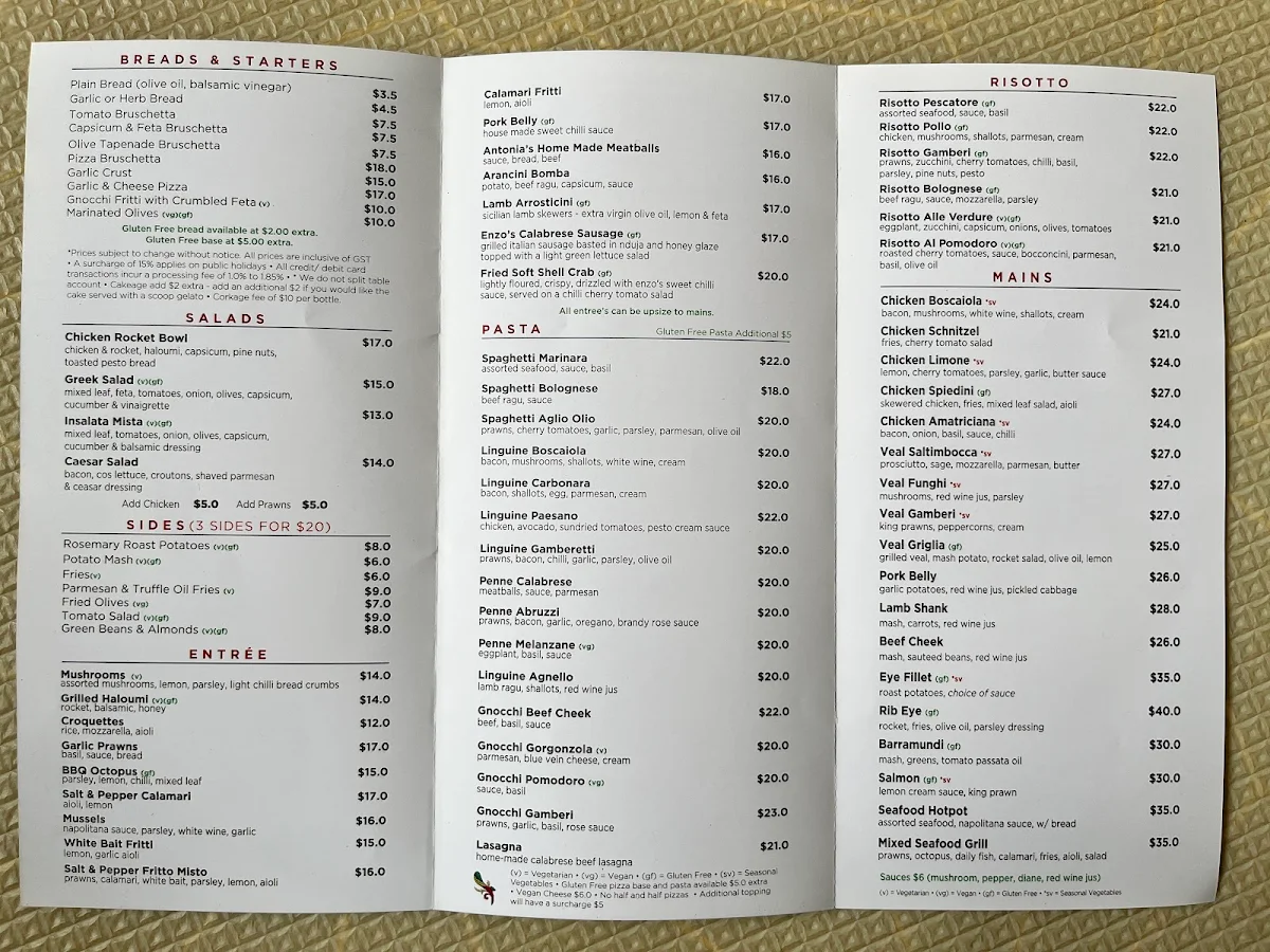 Menu, Enzo’s Cucina Penshurst