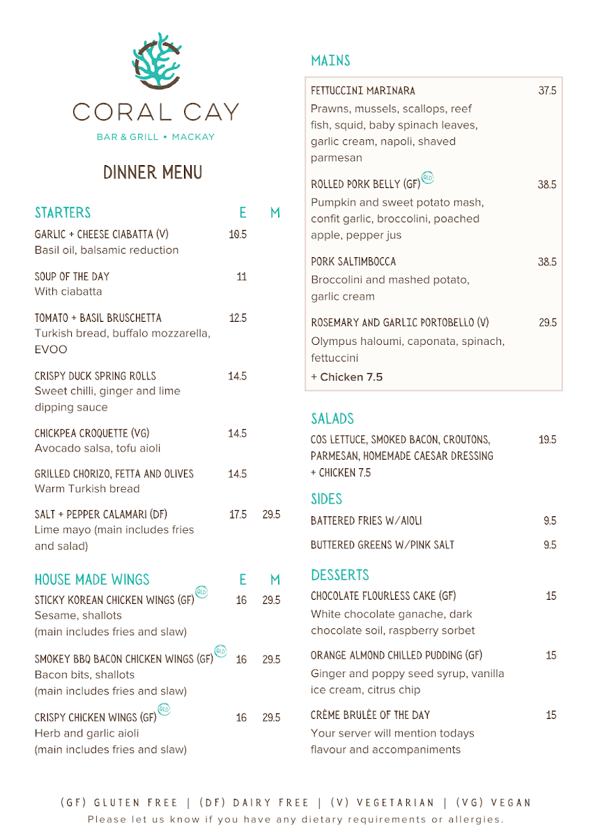 Menu, Coral Cay Bar & Grill Mackay